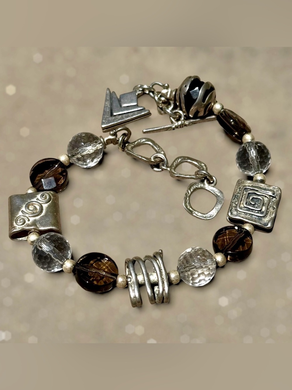 Silpada B1275 Bracelet Sterling Silver w/ Smoky Quartz and Clear Faceted Beads